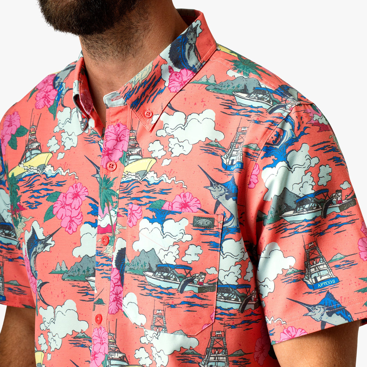 Mens Boatbar Printed Button Down Fishing Shirt - AFTCO