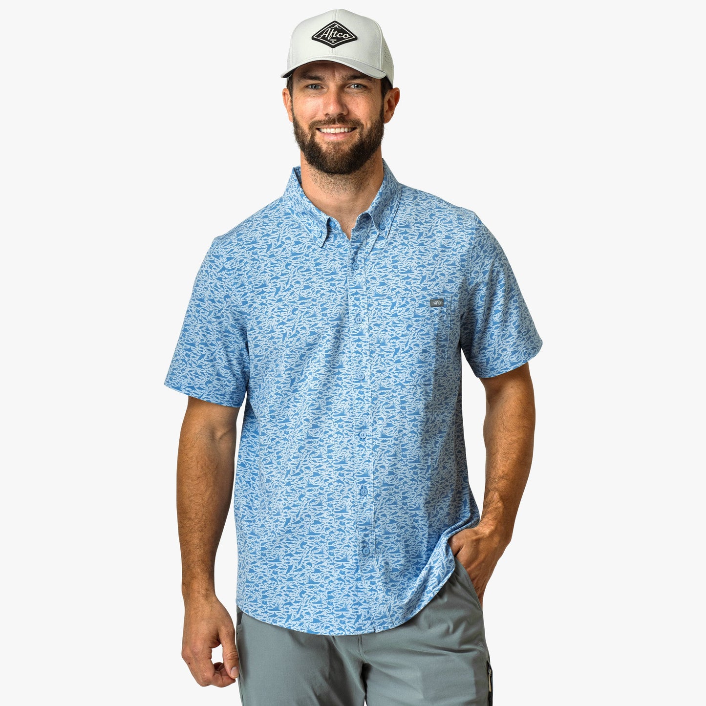 Mens Boatbar Printed Button Down Fishing Shirt - AFTCO