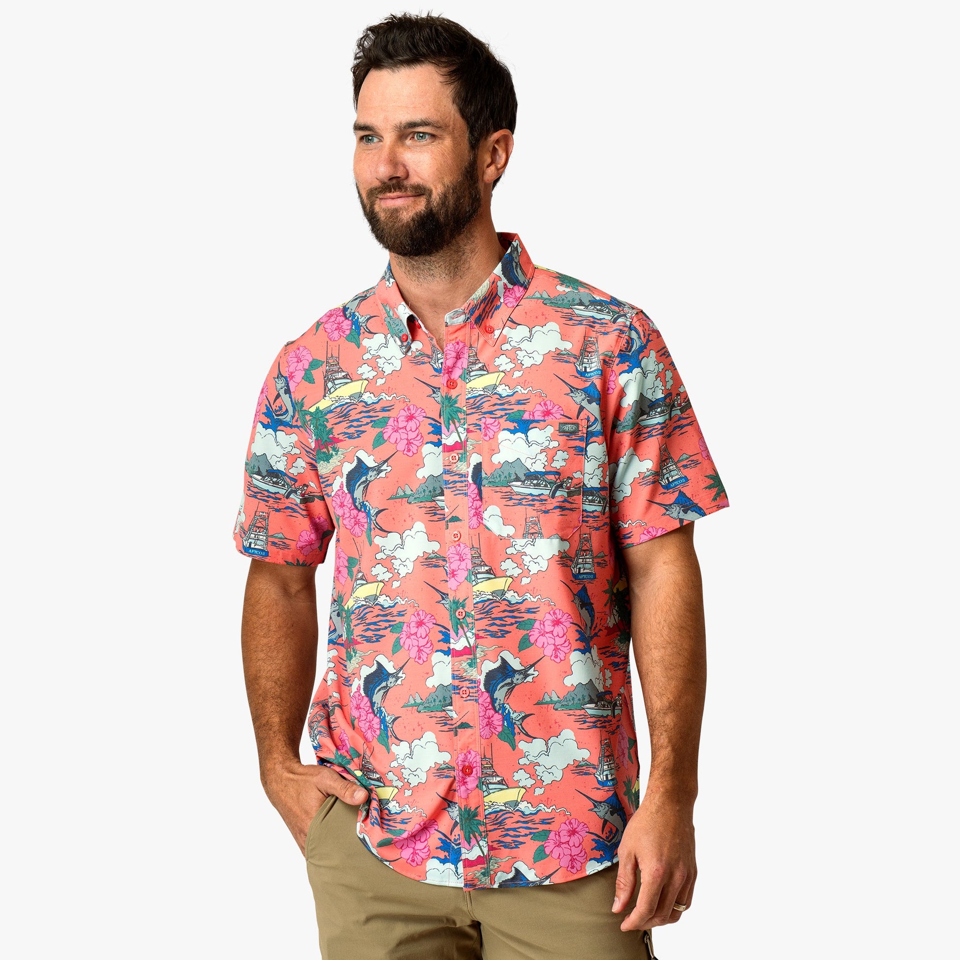 Mens Boatbar Printed Button Down Fishing Shirt - AFTCO
