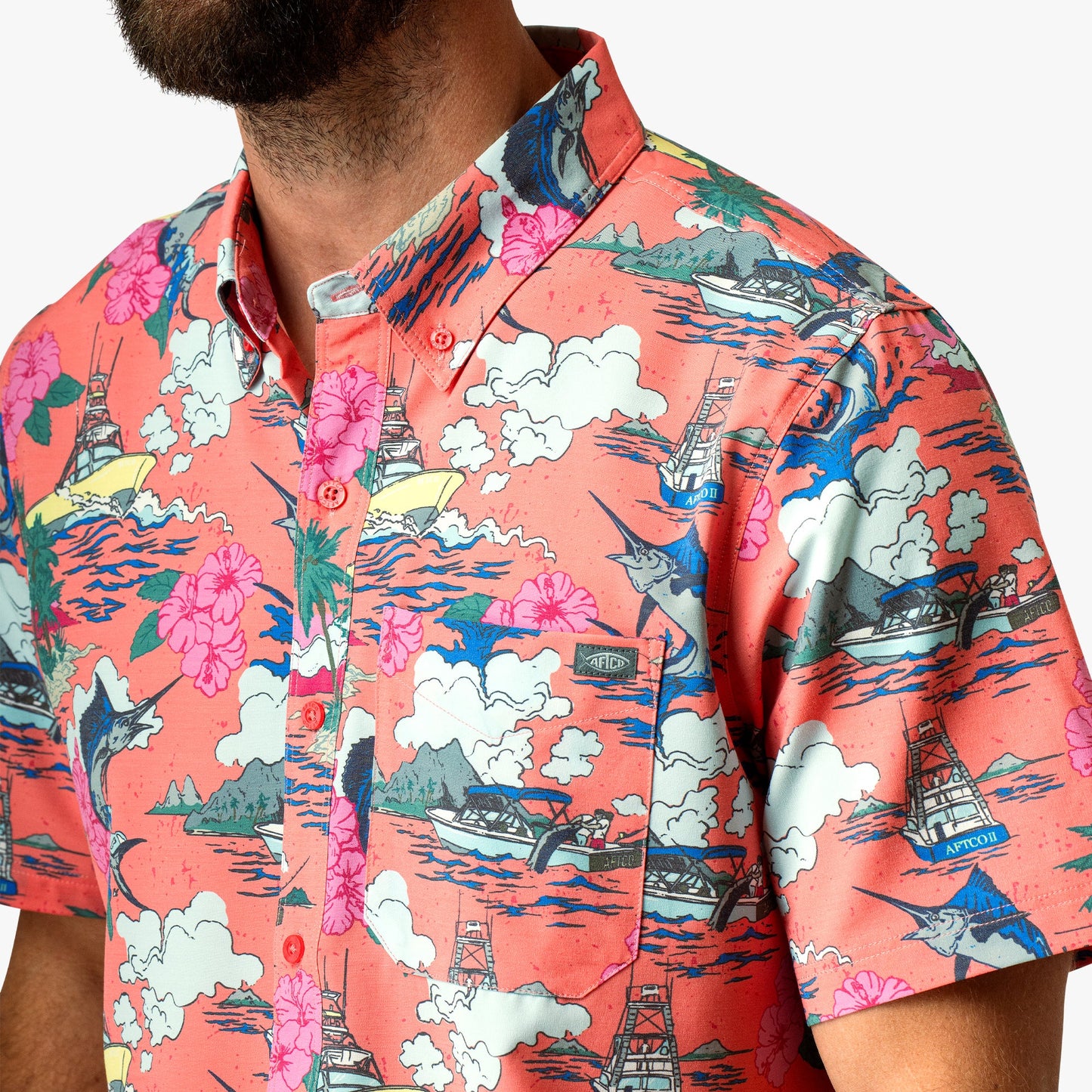 Mens Boatbar Printed Button Down Fishing Shirt - AFTCO